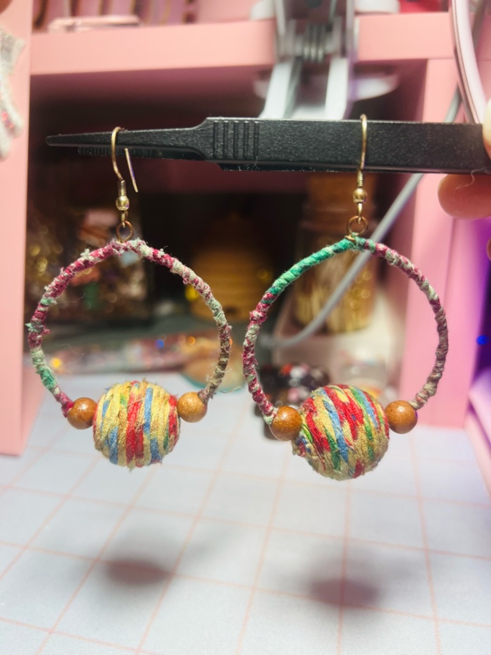 Ten Thousand Villages Multicolor Wrapped Yarn Hoop Earrings with Wooden Beads